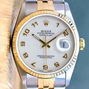 ROLEX DATEJUST CREAM PYRAMID ARABIC DIAL 18K GOLD & STEEL FLUTED JUBILEE 16233